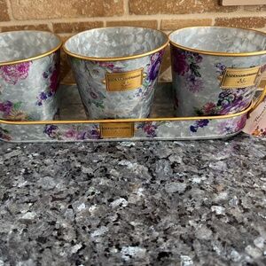 Sweet Mackenzie Childs Always Flowers Galvanized Metal Herb Pots Set of 3 NEW